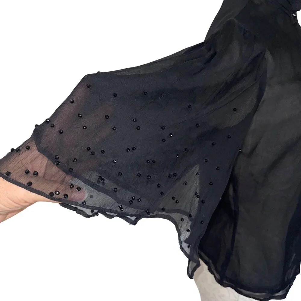 Veronique Young Vintage 90s Womens Blouse Size 6 Black Flutter Sleeve New - Picture 7 of 9